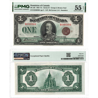 $1 1923 Dominion of Canada Note Bronze Seal Series B DC-25i - PMG AU-55 EPQ