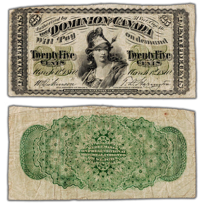 25 Cents 1870 Dominion of Canada Shinplaster Note Letter 'B' DC-1b - F/VF (pinholes)