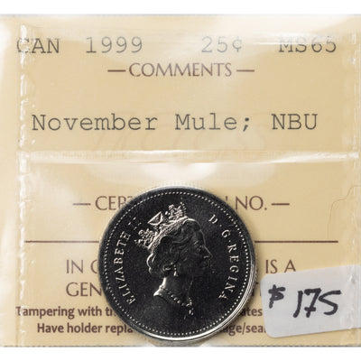 SOLD Canada 1999 November Mule 25 Cents Quarter Coin - ICCS MS-65