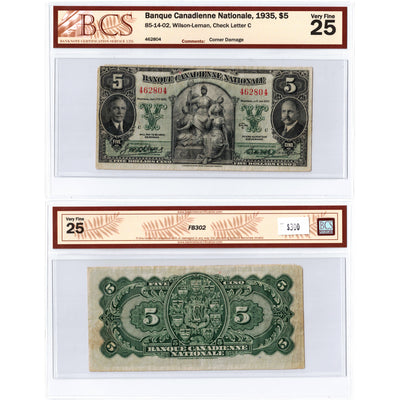 $5 1935 Banque Canadienne Nationale Canada Chartered Note #85-14-02 - BCS VF-25