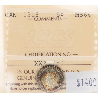SOLD Canada 1915 5 Cents Silver Coin - ICCS MS-64 Toned