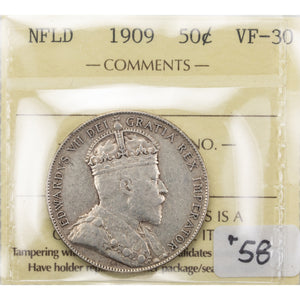 Newfoundland 1909 50 Cents Silver Coin - ICCS VF-30