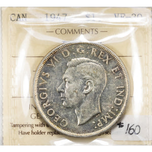 SOLD Canada 1947 Blunt 7 $1 Silver Dollar Coin - ICCS VF-30