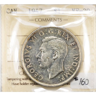 SOLD Canada 1947 Blunt 7 $1 Silver Dollar Coin - ICCS VF-30