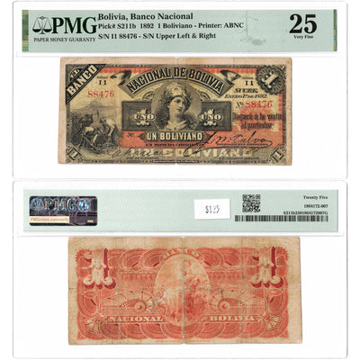 Bolivia Banco Nacional 1892 1 One Boliviano Note P #S211b - PMG VF-25