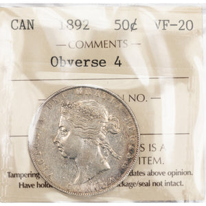 SOLD Canada 1892 Obverse 4 50 Cents Half Dollar Silver Coin - ICCS VF-20