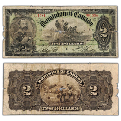 SOLD $2 1897 Dominion of Canada Note Boville DC-14c - Fine (holes, tears, missing pieces)