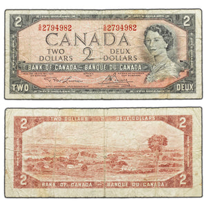 SOLD $2 1954 Bank of Canada Note S/R Text Prefix BC-38bT - Faded