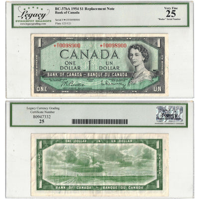 SOLD $1 1954 Bank of Canada Note *O/Y Replacement & Radar BC-37bA - Legacy VF-25
