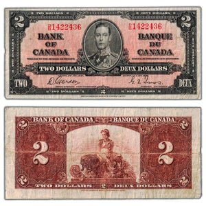 SOLD $2 1937 Bank of Canada Note Gordon-Towers D/B Prefix BC-22b - Fine