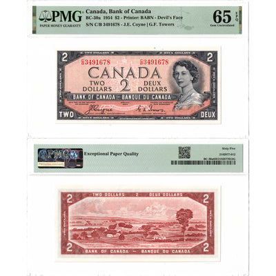 SOLD $2 1954 Bank of Canada Note Devil Face C/B Prefix BC-30a - PMG Gem UNC-65 EPQ