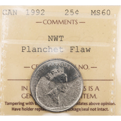 Canada 1992 NWT 25 Cents Quarter Coin - ICCS MS-60 Large Planchet Flaw Error