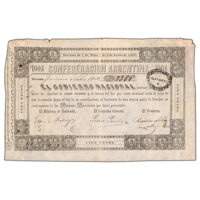 SOLD Argentina Confederacion 1857 (1858) 100 Pesos Note - Circulated