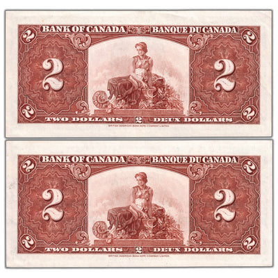 SOLD $2 1937 Bank of Canada Notes A/R Prefix BC-22c - 2 Consecutive AU+