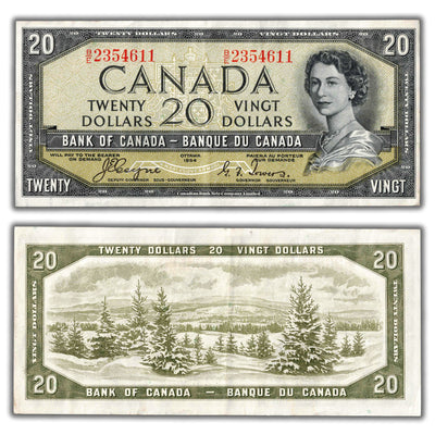 SOLD $20 1954 Bank of Canada Note Devil Face B/E Changeover Prefix BC-33a - VF/EF