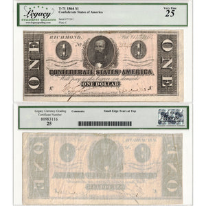 SOLD United States 1864 $1 Confederate States of America Note T-71 - Legacy VF-25