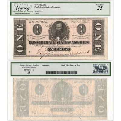 SOLD United States 1864 $1 Confederate States of America Note T-71 - Legacy VF-25