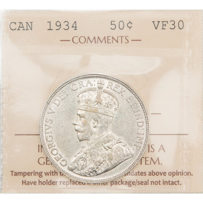 SOLD Canada 1934 50 Cents Half Dollar Silver Coin - ICCS VF-30