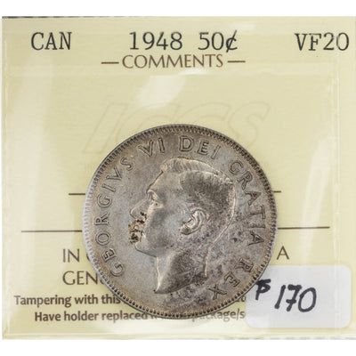 SOLD Canada 1948 50 Cents Half Dollar Silver Coin - ICCS VF-20