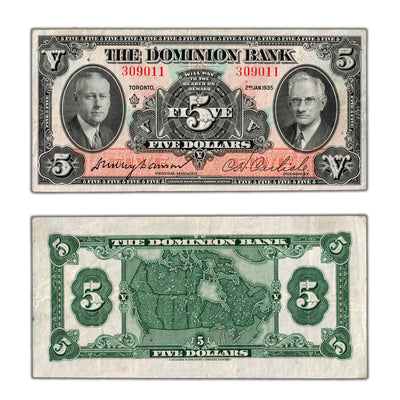SOLD $5 1935 The Dominion Bank Canada Chartered Note CH #220-26-02 - VF+