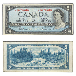 SOLD $5 1954 Bank of Canada Note *N/X Replacement Prefix BC-39bA - VF