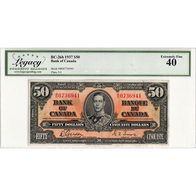 $50 1937 Bank of Canada Note Gordon-Towers B/H Prefix BC-26b - Legacy EF-40
