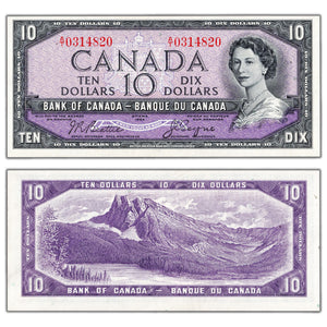 SOLD $10 1954 Bank of Canada Note Beattie-Coyne A/T Prefix BC-40a - Uncirculated