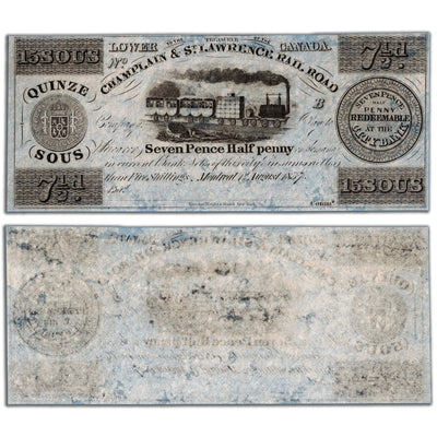 SOLD 15 Sous / 7 1/2 Pence 1837 Champlain & St. Lawrence Rail Road Remainder Note - UNC