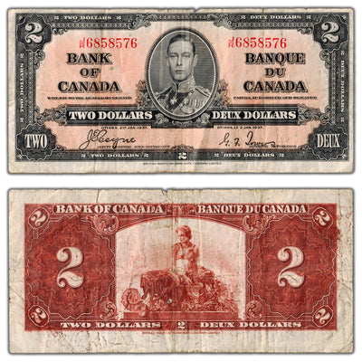 $2 1937 Bank of Canada Note Coyne-Towers J/R Prefix BC-22c - Minor Tears