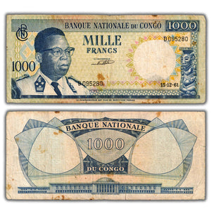 SOLD Congo 1961 1000 Francs Note P #8a - Stains