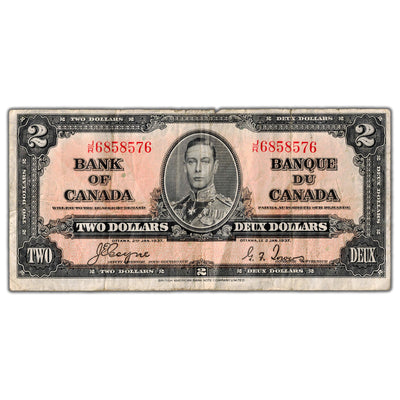 $2 1937 Bank of Canada Note Coyne-Towers J/R Prefix BC-22c - Minor Tears