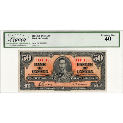 $50 1937 Bank of Canada Note Gordon-Towers B/H Prefix BC-26b - Legacy EF-40