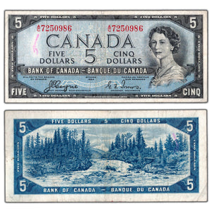 SOLD $5 1954 Bank of Canada Note Devil Face A/C Prefix BC-31a - Writing