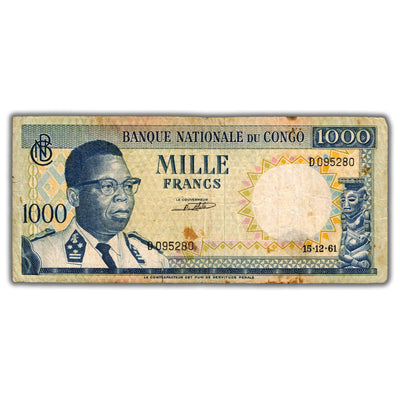 SOLD Congo 1961 1000 Francs Note P #8a - Stains