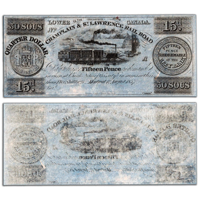 SOLD 30 Sous / 15 Pence 1837 Champlain & St. Lawrence Rail Road Remainder Note - UNC