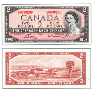 SOLD $2 1954 Bank of Canada Note Bouey-Rasminsky K/G Prefix BC-38c - Ch UNC