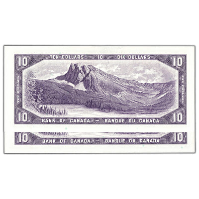 SOLD $10 1954 Bank of Canada Notes K/V Prefix BC-40b - 2 Consecutive UNC