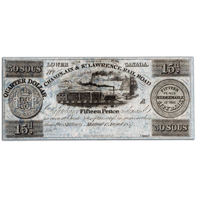 SOLD 30 Sous / 15 Pence 1837 Champlain & St. Lawrence Rail Road Remainder Note - UNC