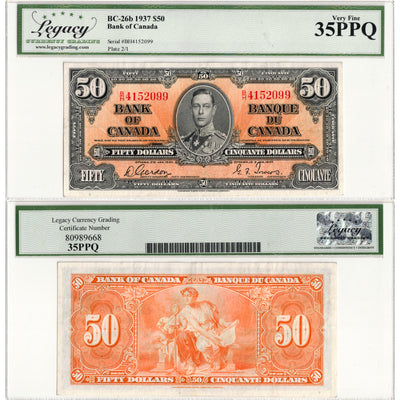 $50 1937 Bank of Canada Note Gordon-Towers B/H Prefix BC-26b - Legacy VF-35 PPQ
