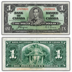 SOLD $1 1937 Bank of Canada Note Coyne-Towers Y/M Prefix BC-21d - EF/AU (stained)
