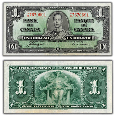 $1 1937 Bank of Canada Note Coyne-Towers Y/M Prefix BC-21d - EF/AU (stained)