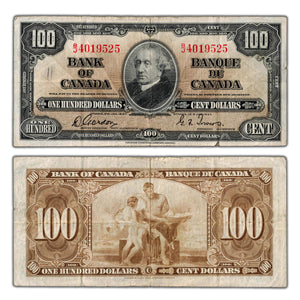 SOLD $100 1937 Bank of Canada Note Gordon-Towers B/J Prefix BC-27b - Small Tear/Writing