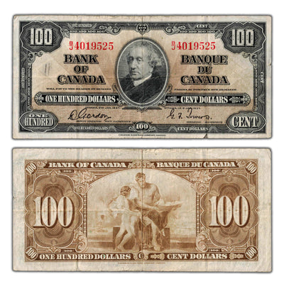 SOLD $100 1937 Bank of Canada Note Gordon-Towers B/J Prefix BC-27b - Small Tear/Writing