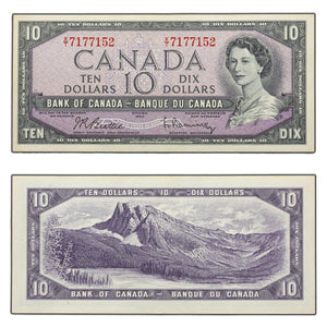 SOLD $10 1954 Bank of Canada Note Beattie-Rasminsky X/T Prefix BC-40b - AU