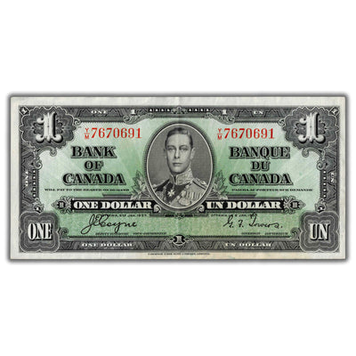 $1 1937 Bank of Canada Note Coyne-Towers Y/M Prefix BC-21d - EF/AU (stained)