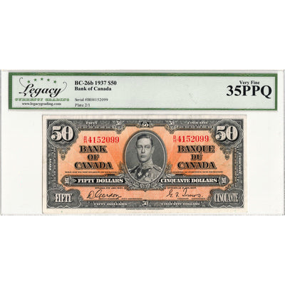 $50 1937 Bank of Canada Note Gordon-Towers B/H Prefix BC-26b - Legacy VF-35 PPQ