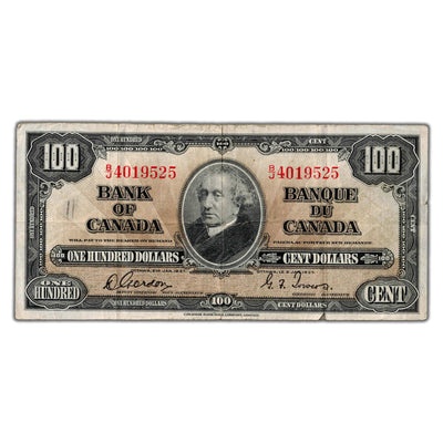 SOLD $100 1937 Bank of Canada Note Gordon-Towers B/J Prefix BC-27b - Small Tear/Writing