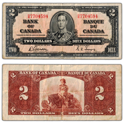$2 1937 Bank of Canada Note Gordon-Towers O/B Prefix BC-22b - F/VF
