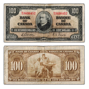 SOLD $100 1937 Bank of Canada Note Gordon-Towers B/J Prefix BC-27b - Circulated