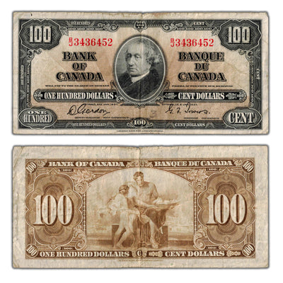 SOLD $100 1937 Bank of Canada Note Gordon-Towers B/J Prefix BC-27b - Circulated